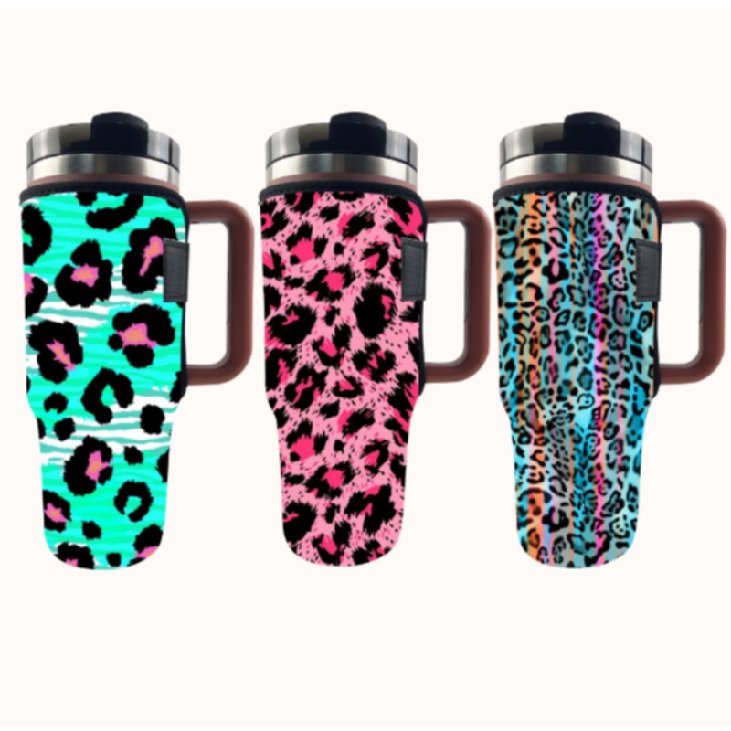 Custom sublimation printing leopard cow print neoprene tumbler sleeve holder for 40oz cup