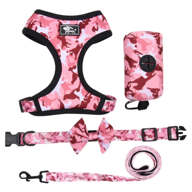 Custom Luxury Puppy Leash Collar Adjustable Pet Poop Bag Bandana Reversible and Breathable Neoprene Dog Harness Sets