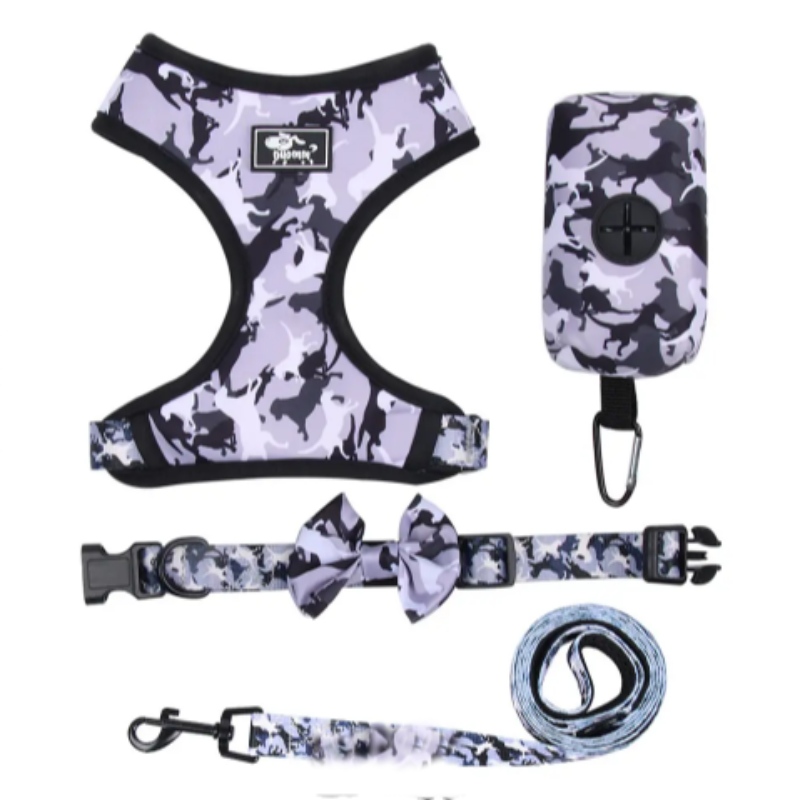 Custom Luxury Puppy Leash Collar Adjustable Pet Poop Bag Bandana Reversible and Breathable Neoprene Dog Harness Sets